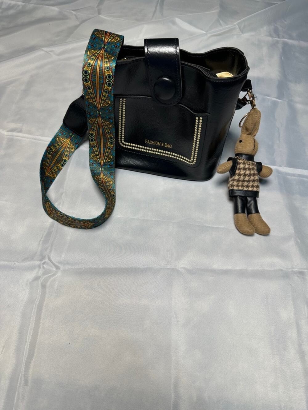 Black Crossbody Bucket Bag Wide Boho Strap Rhinestone Pocket Bunny Charm Purse